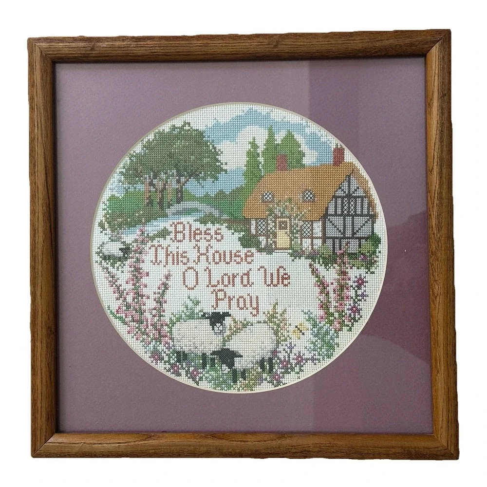 Vintage Bless This House‎ Cross Stitch Art Framed 13x13 Inch Christian Prayer